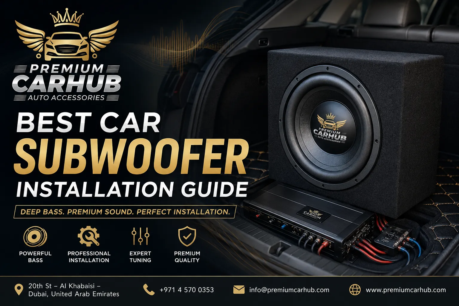 Professional technician installing the best car subwoofer in a luxury vehicle at Premium Car Hub Dubai