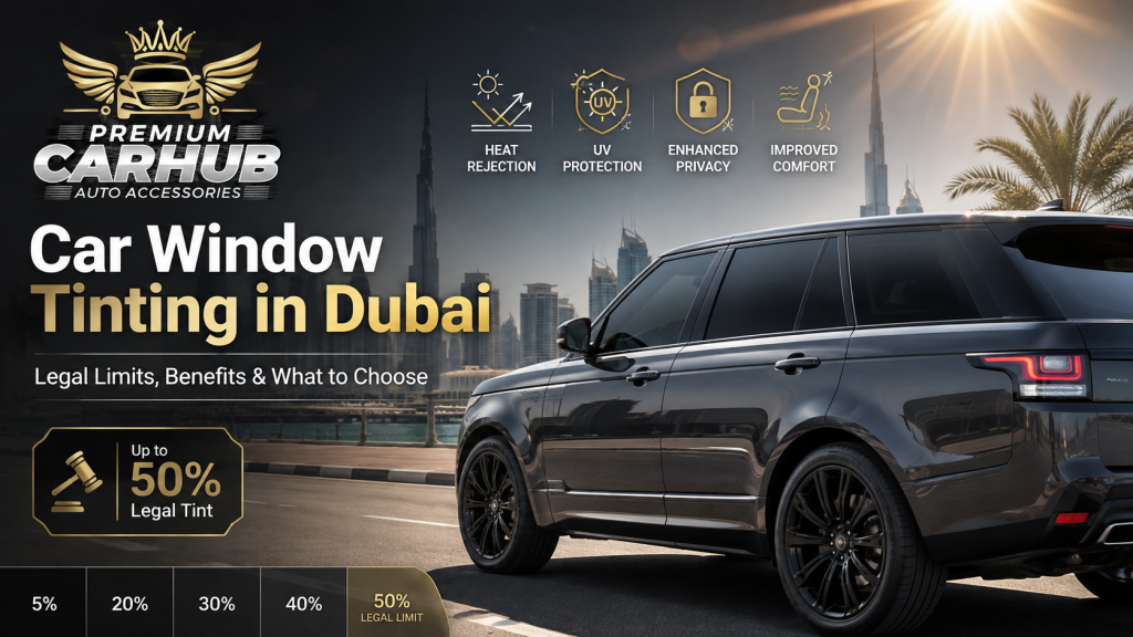 Current image: Car Window Tinting in Dubai showing legal tint levels and heat protection