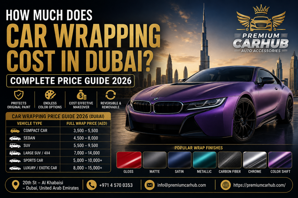 Current image: Car Wrapping cost in Dubai 2026 showing premium wrapped luxury vehicle and vinyl wrap options