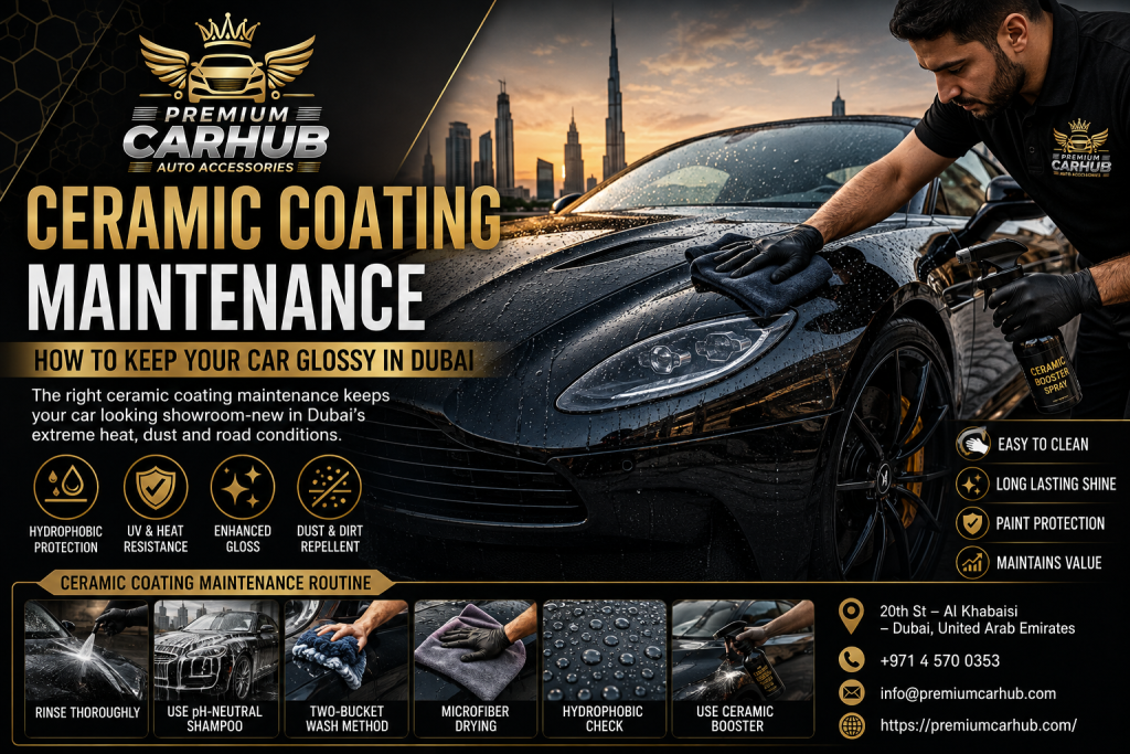 Current image: Ceramic Coating Maintenance in Dubai showing professional washing and glossy protected car paint
