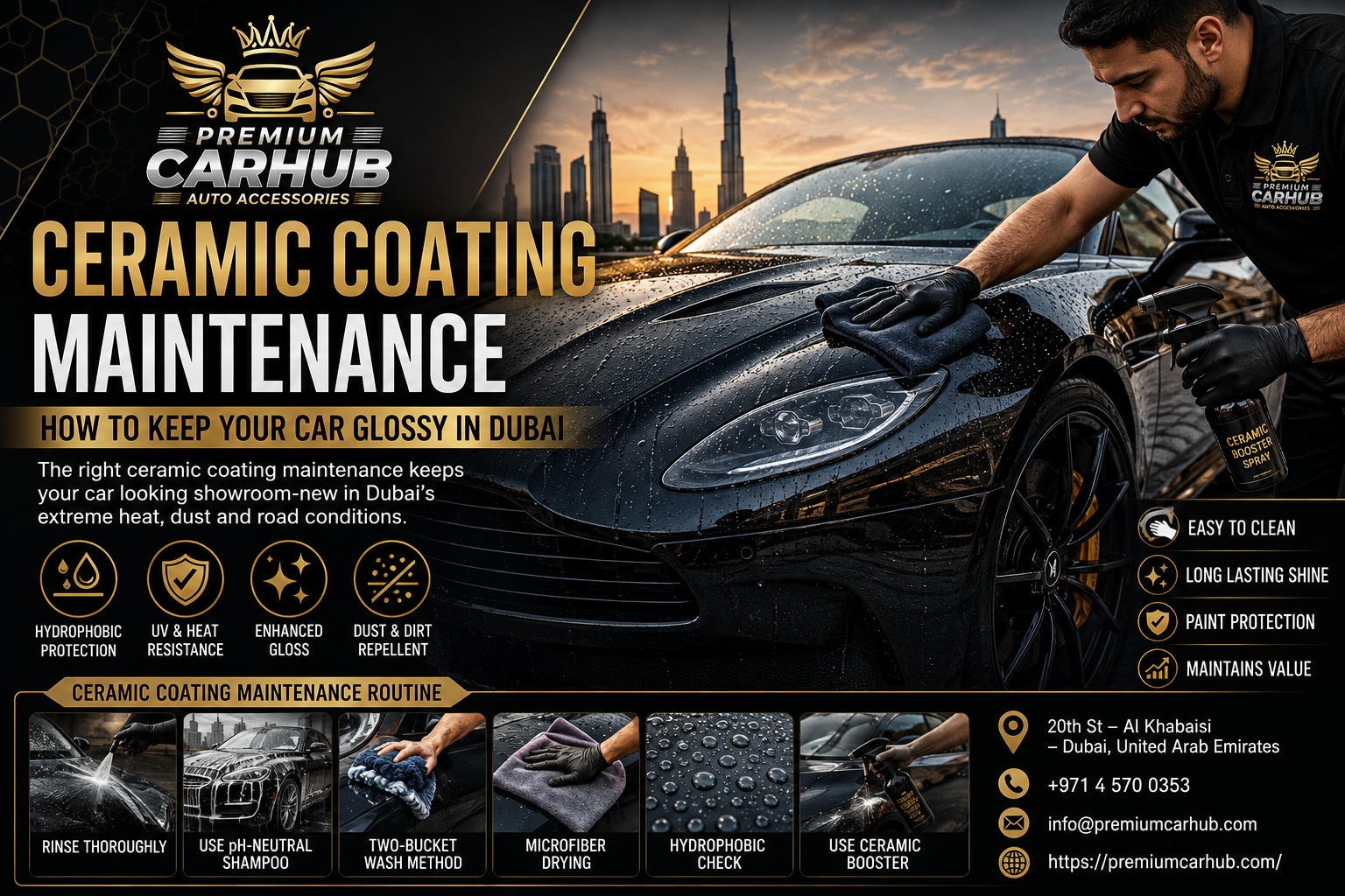 Ceramic Coating Maintenance in Dubai showing professional washing and glossy protected car paint