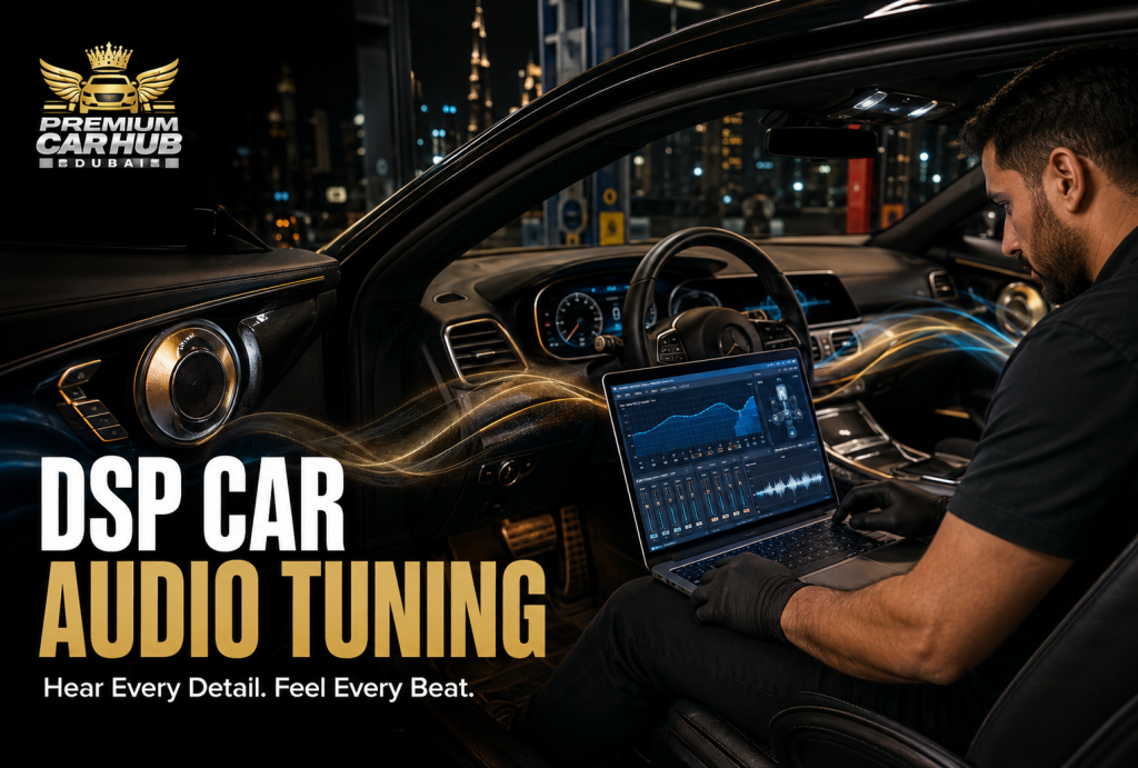 Current image: Technician performing DSP car audio tuning inside a luxury vehicle in Dubai