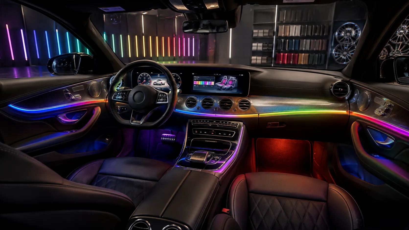Premium Ambient Lighting installed across a luxury car dashboard, doors and footwells in Dubai
