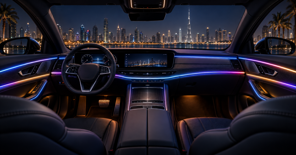 Current image: 64-Color Ambient Lighting installed across a premium car dashboard, doors and footwells in Dubai
