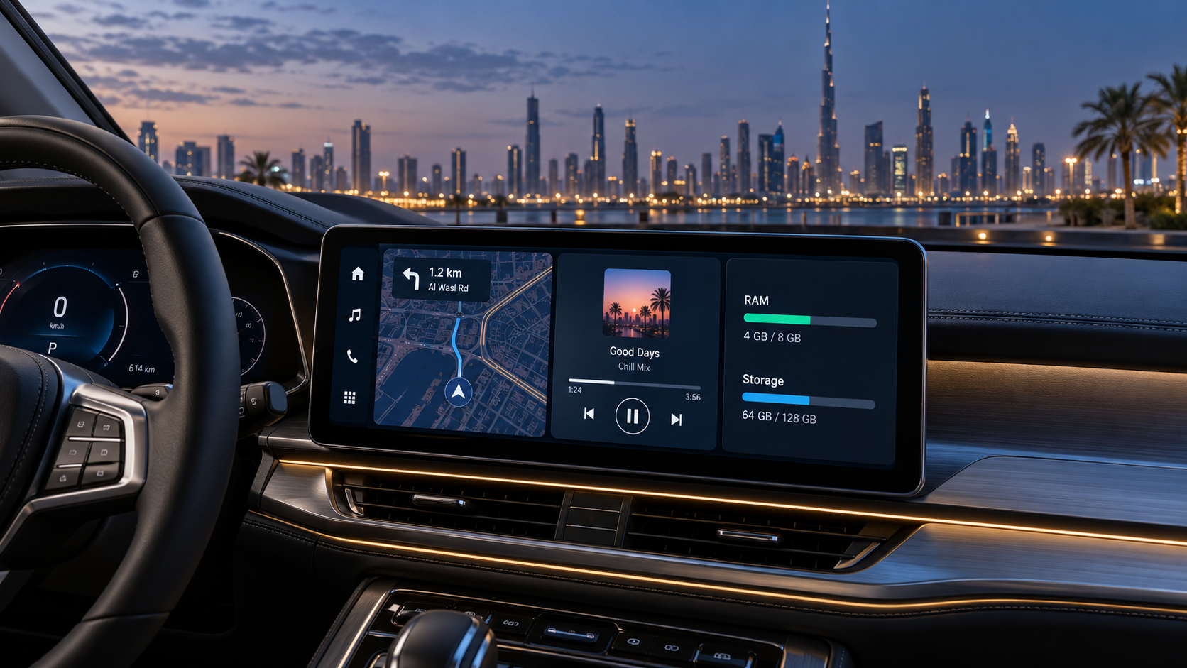 Android Car Screen showing navigation in a modern car dashboard in Dubai