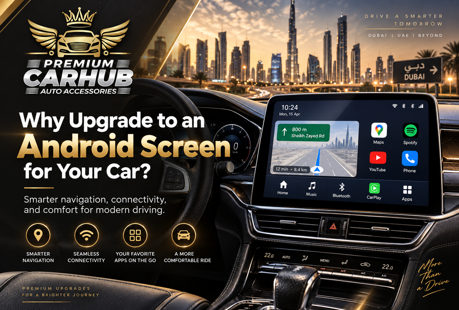 Modern Android Screen installed in a car dashboard in Dubai