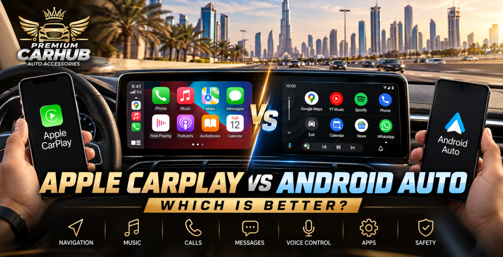 Current image: Text: Apple CarPlay vs Android Auto displayed on a car infotainment screen in Dubai