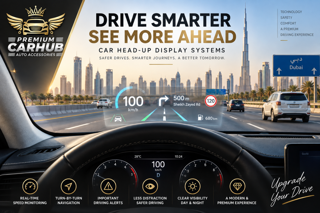 Current image: Car Head-Up Display projecting speed and navigation information onto a vehicle windshield in Dubai