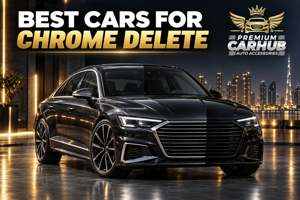 Current image: Luxury car with professional gloss black Chrome Delete completed in Dubai