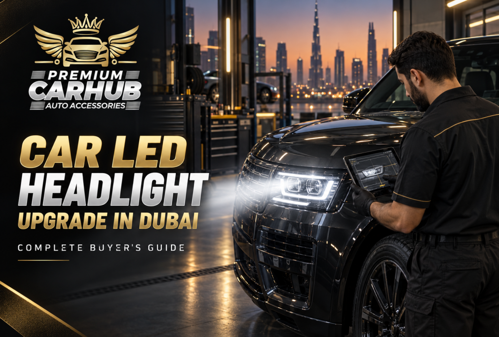 Current image: Technician installing a car LED headlight upgrade in a Dubai automotive workshop