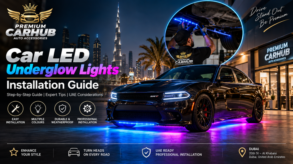 Current image: Professional Car LED Underglow Lights installation on a vehicle in Dubai