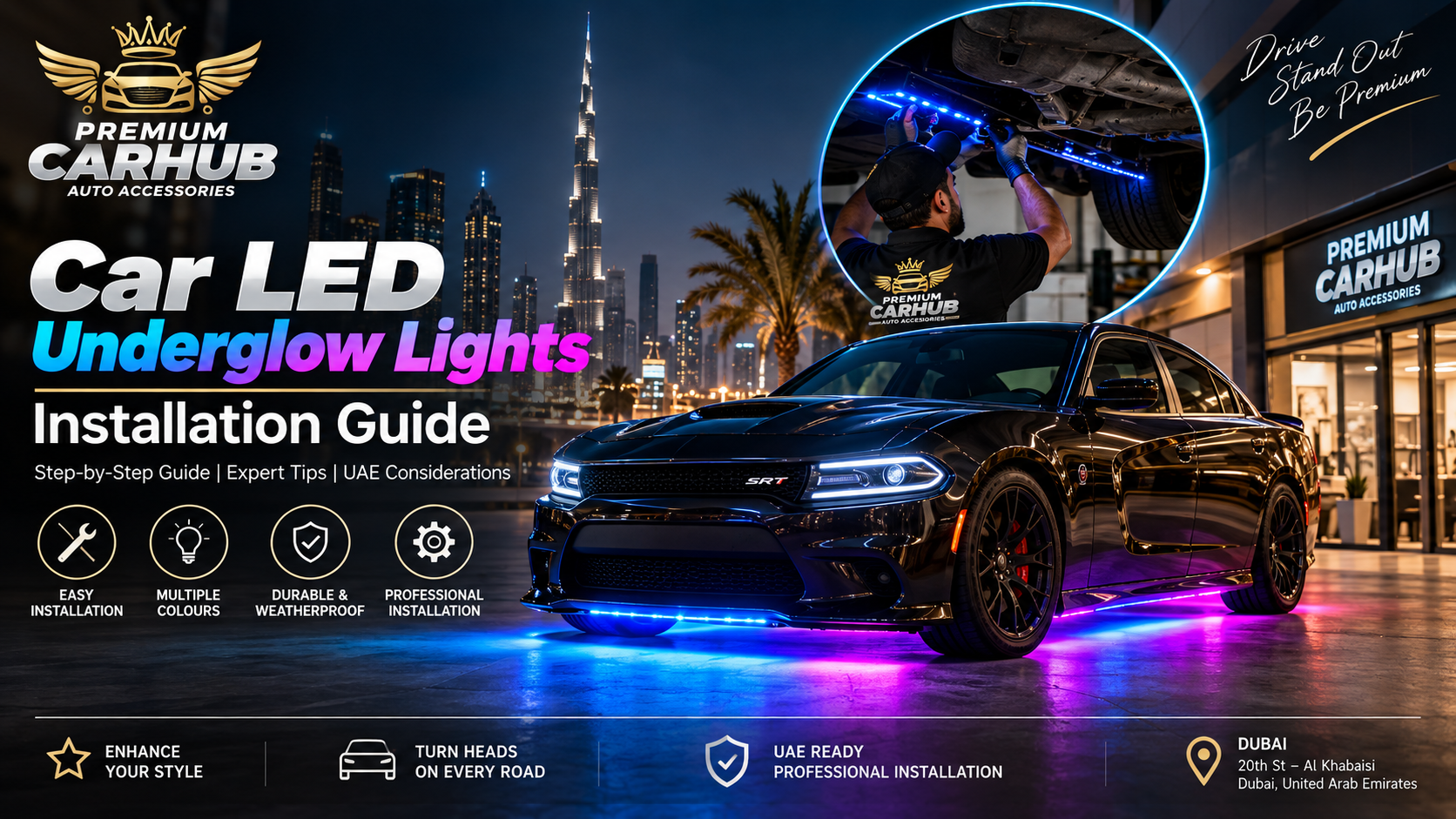 Professional Car LED Underglow Lights installation on a vehicle in Dubai
