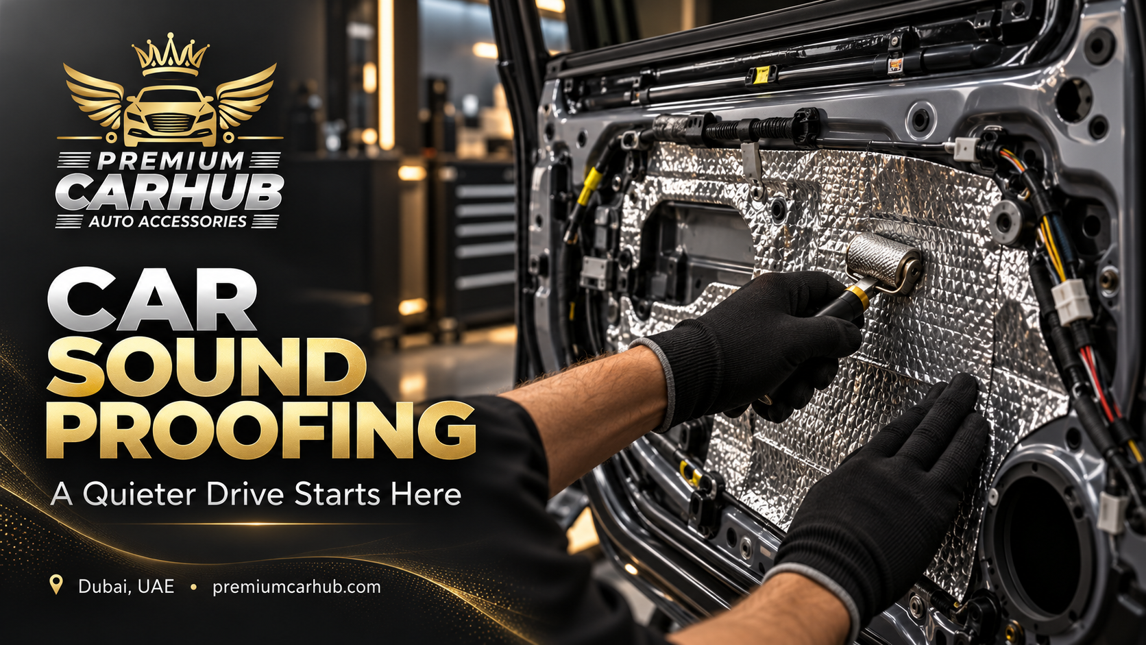 Technician applying sound-deadening material inside a car door