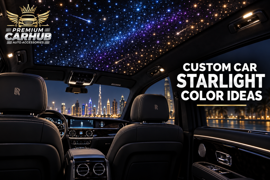 Current image: Custom Car Starlight roof with blue, purple and white fiber-optic lights in a luxury car