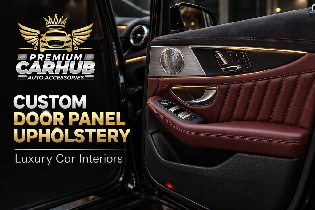 Current image: Custom door panel upholstery with premium leather and contrast stitching in a luxury car