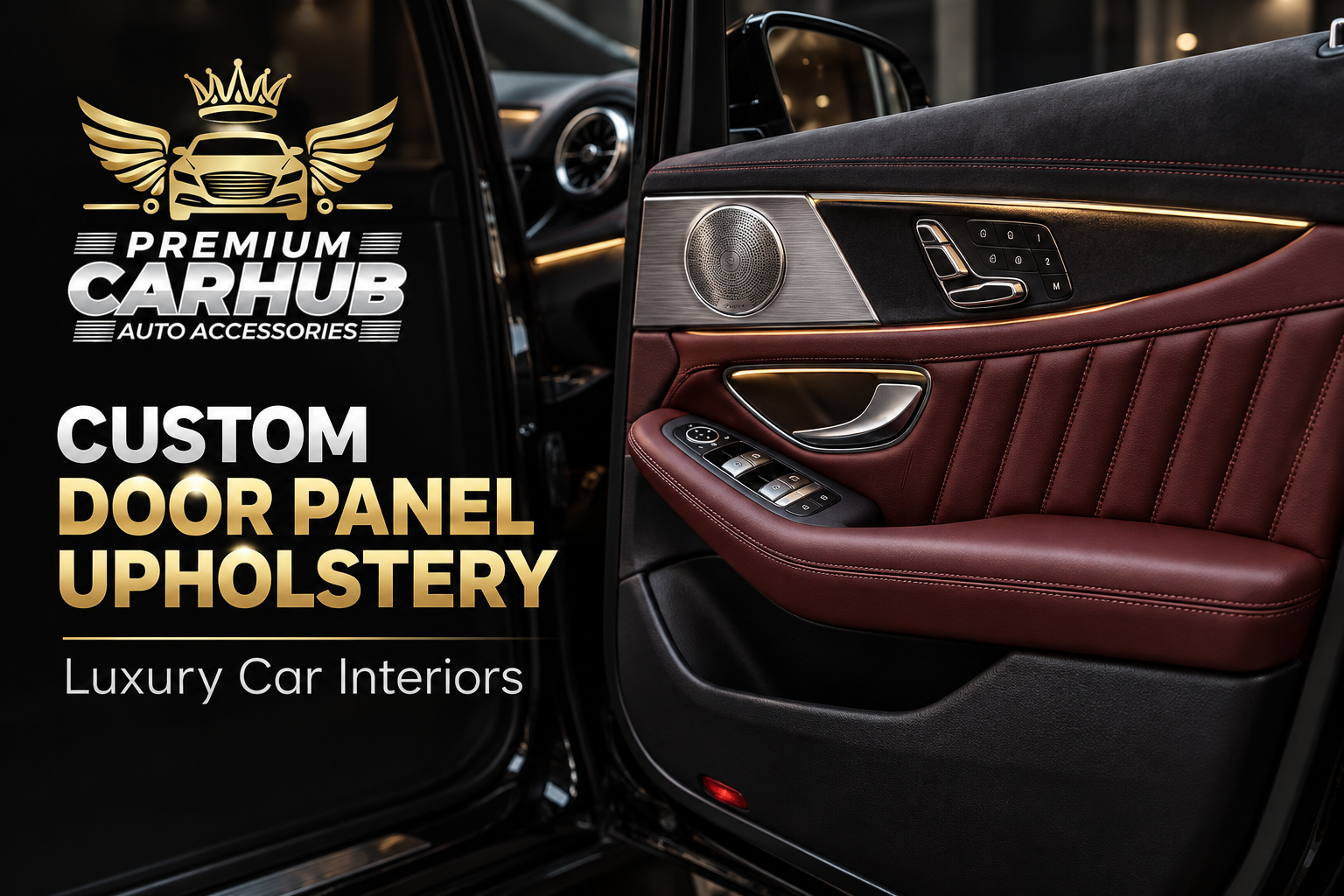 Custom door panel upholstery with premium leather and contrast stitching in a luxury car