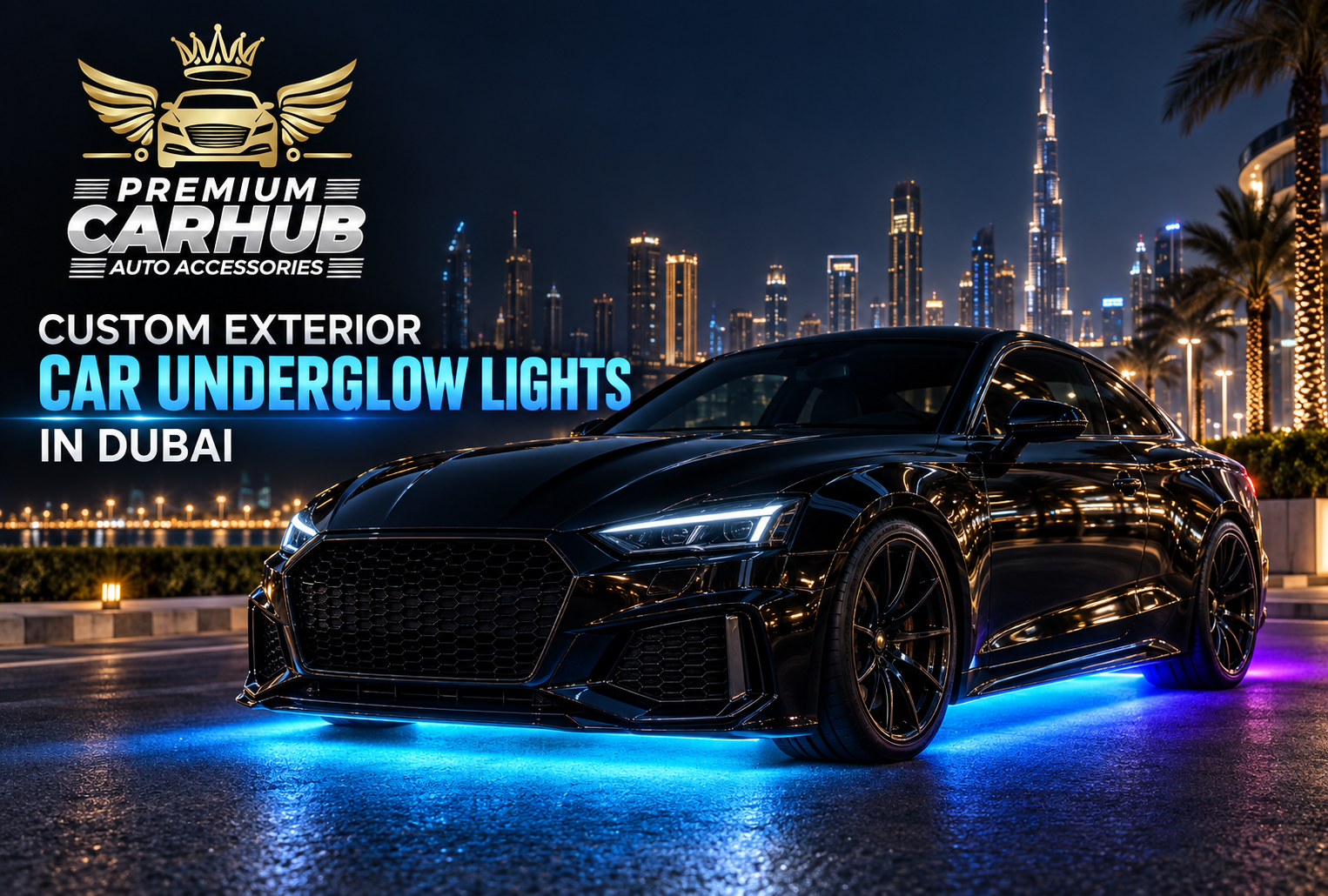 Custom RGB Car Underglow Lights professionally installed under a luxury vehicle in Dubai