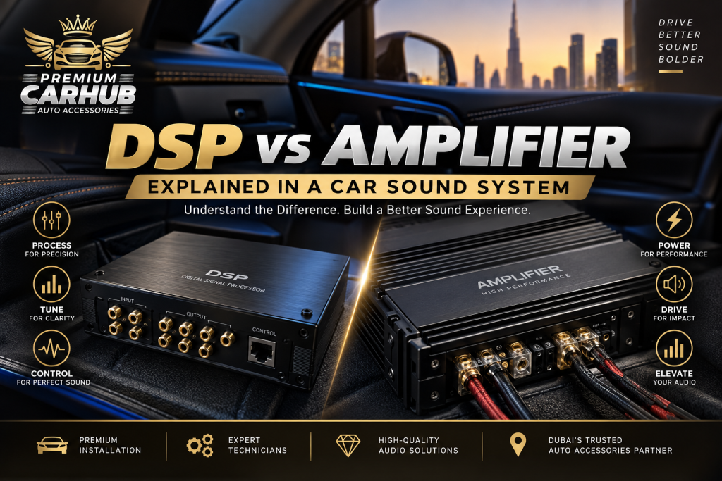 Current image: DSP and amplifier professionally installed in a Car Sound System in Dubai