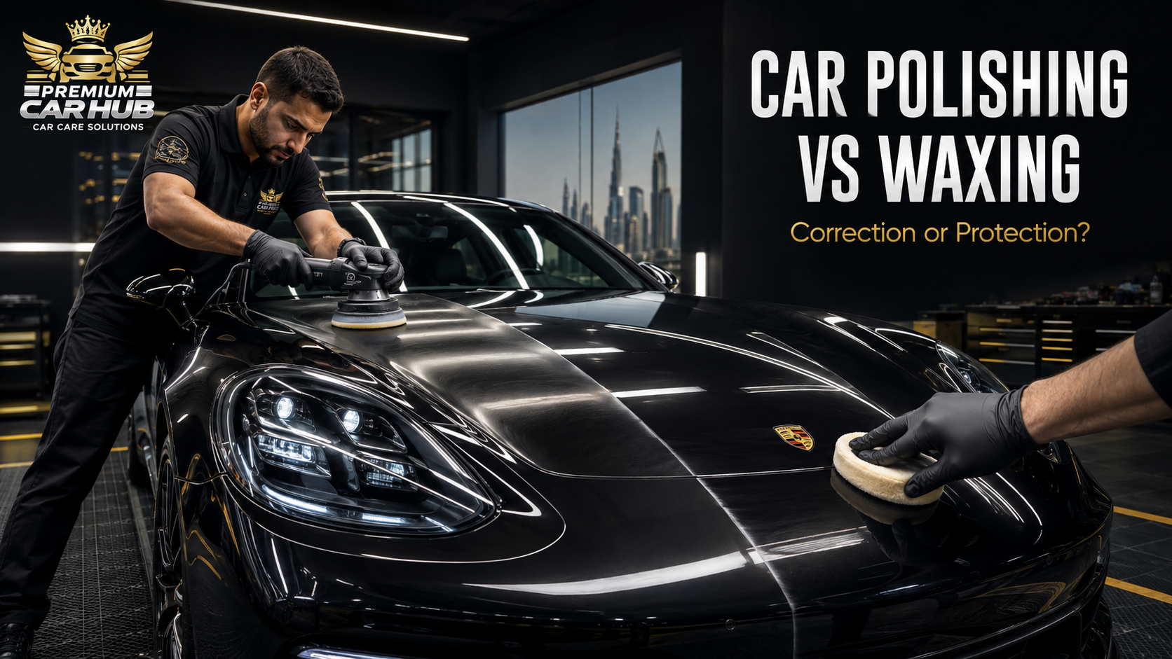 Technician demonstrating the difference between car polishing and waxing on a luxury vehicle in Dubai