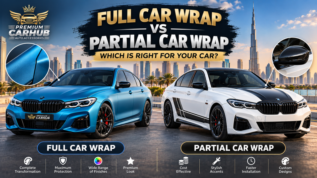 Current image: Full car wrap and partial car wrap comparison on a luxury vehicle in Dubai