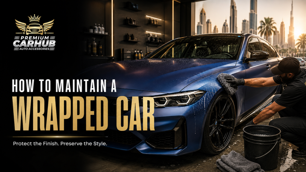 Current image: Professional technician carefully maintaining a wrapped car in Dubai