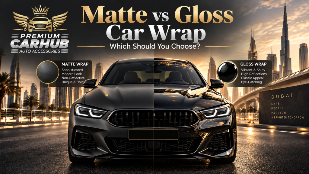 Current image: Matte vs gloss Car Wrap comparison for luxury cars in Dubai