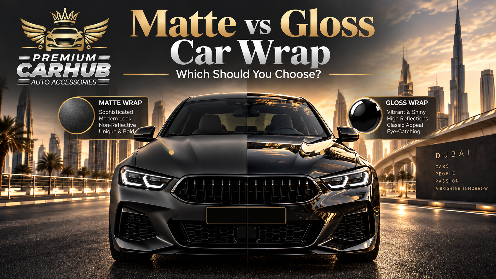 Matte vs gloss Car Wrap comparison for luxury cars in Dubai