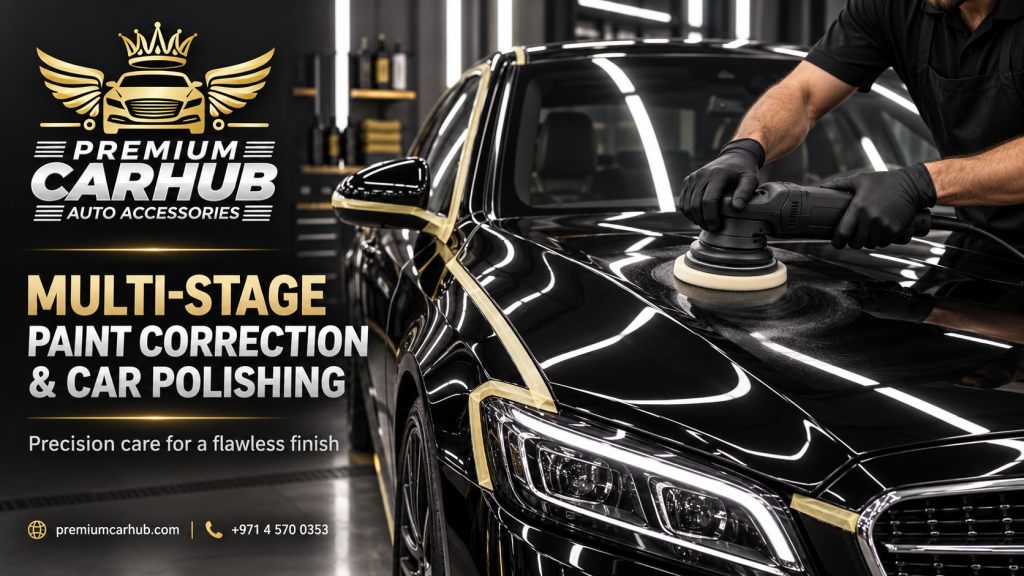 Current image: echnician machine polishing a black car bonnet beside a masked paint correction test area. Car Polishing