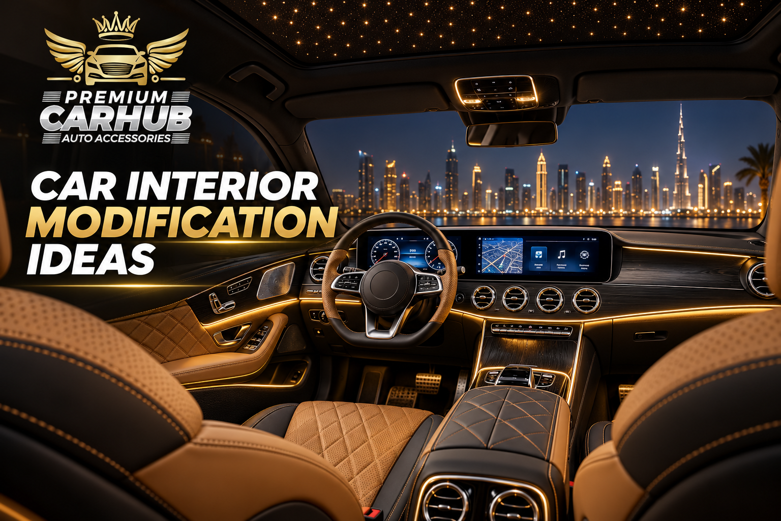 Luxury Car Interior Modification featuring custom leather seats and ambient lighting in Dubai