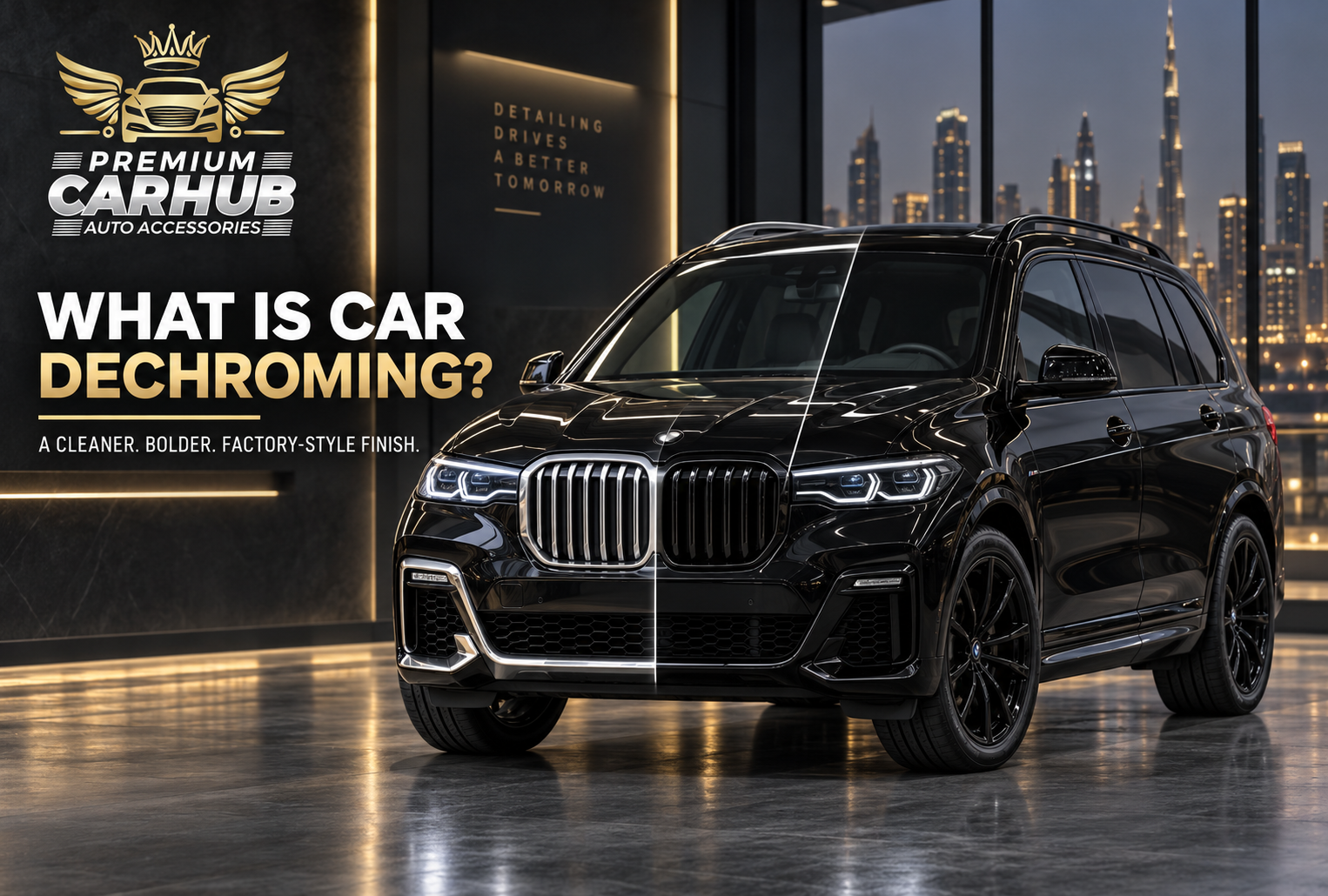 Premium black SUV receiving professional Car Dechroming in Dubai