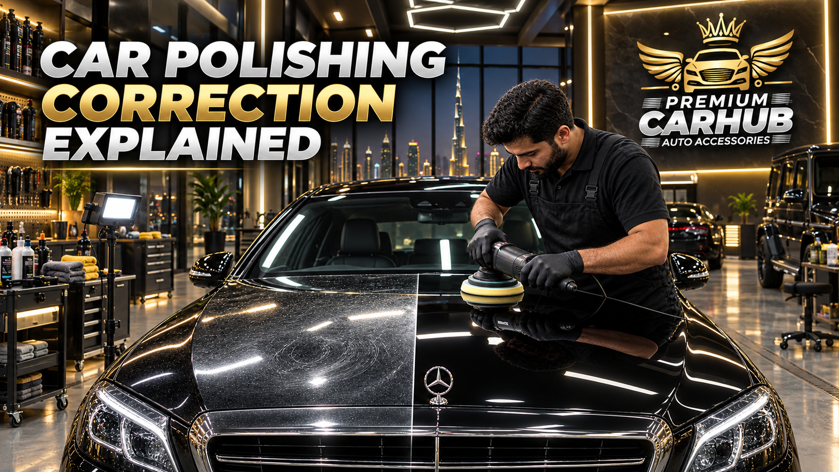 Technician performing professional car polishing and paint correction on a luxury car in Dubai