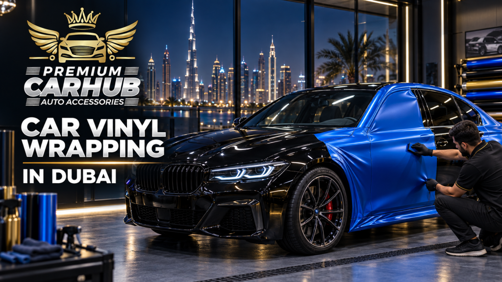 Current image: Premium car undergoing professional car vinyl wrapping in Dubai