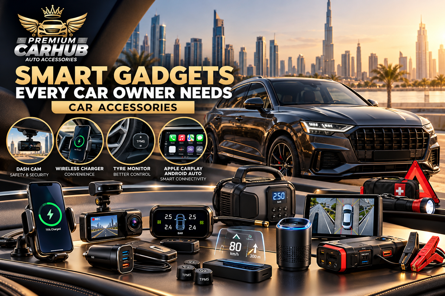 Smart car accessories including dash cam, wireless charger, tyre inflator and HUD inside a premium vehicle in Dubai