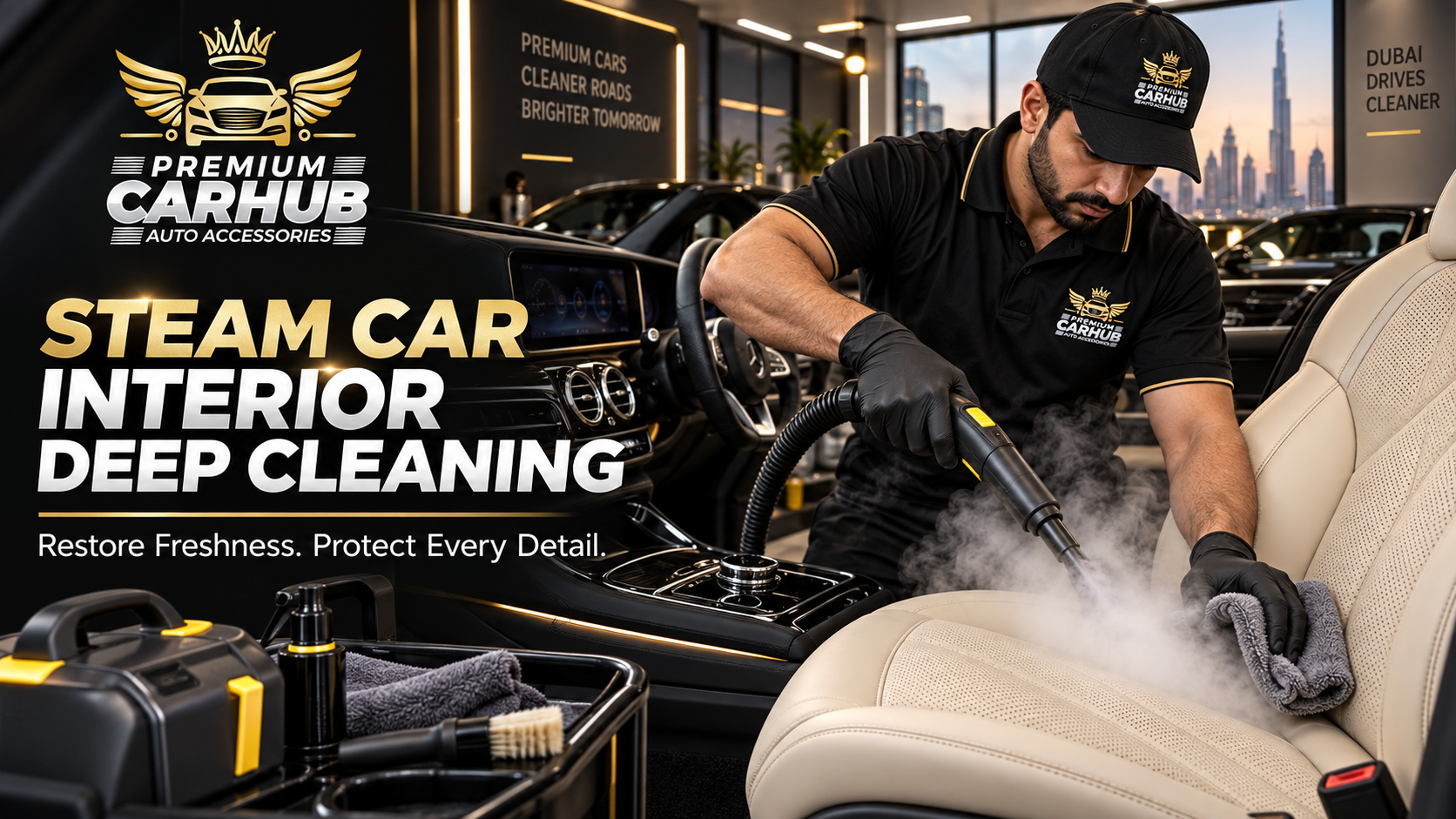 Premium Car Hub technician performing steam Car Interior Deep Cleaning in Dubai