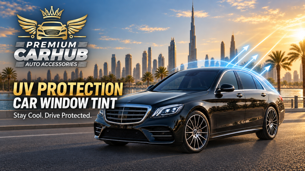 Current image: Technician installing UV protection Car Window Tint on a luxury vehicle in Dubai