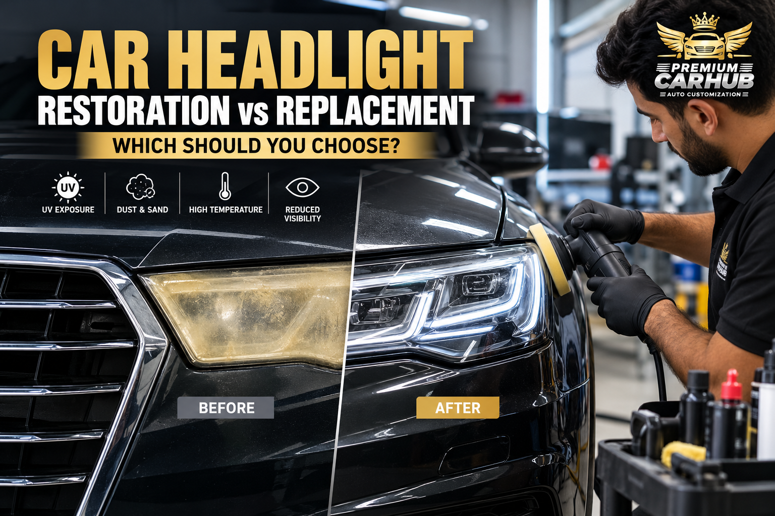 Car Headlight restoration vs replacement comparison at Premium Car Hub Dubai