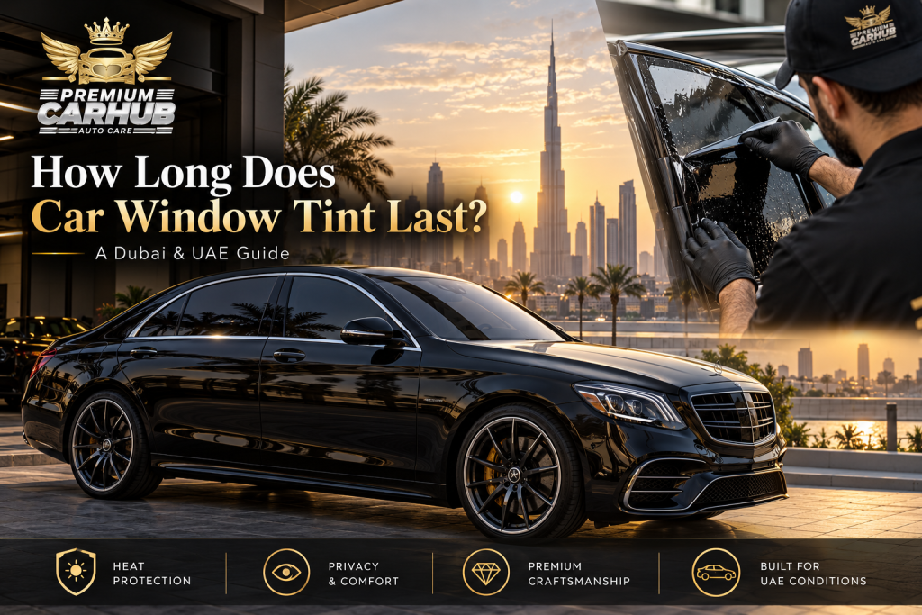 Current image: Premium Car Window Tint installed on a luxury car in Dubai