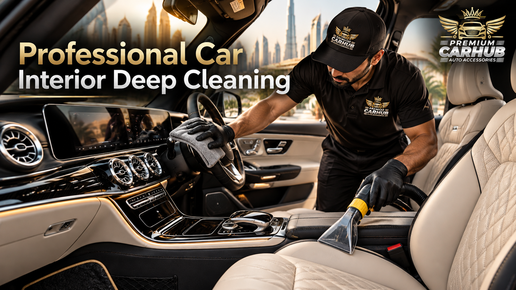 Professional car interior deep cleaning of luxury vehicle seats and dashboard in Dubai at Premium Car Hub