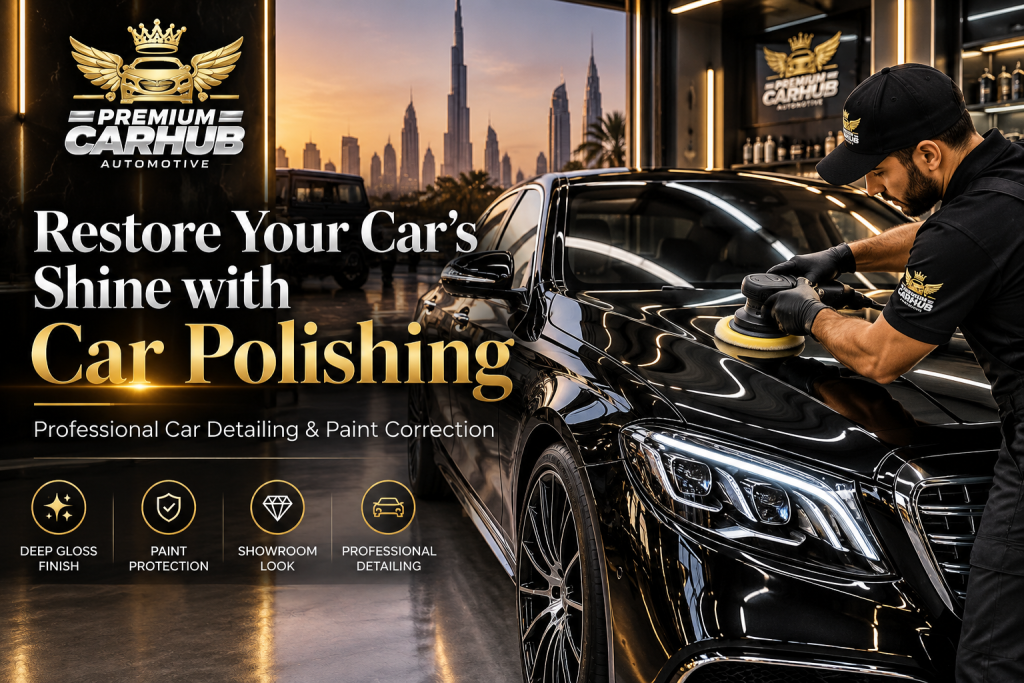 Current image: Professional Car Polishing service restoring the shine of a luxury car in Dubai