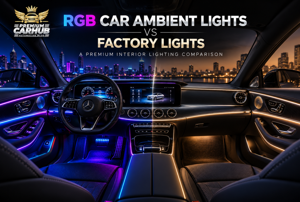 Current image: RGB Car Ambient Lights vs factory lights inside a luxury car interior in Dubai