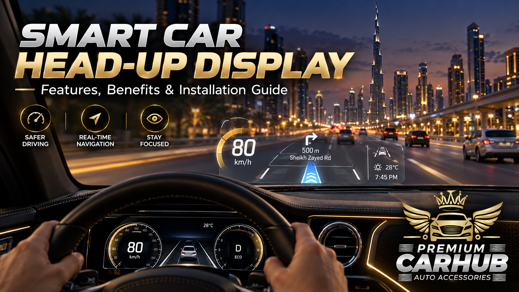 Smart Car Head-Up Display projecting speed and navigation information onto a luxury car windshield in Dubai
