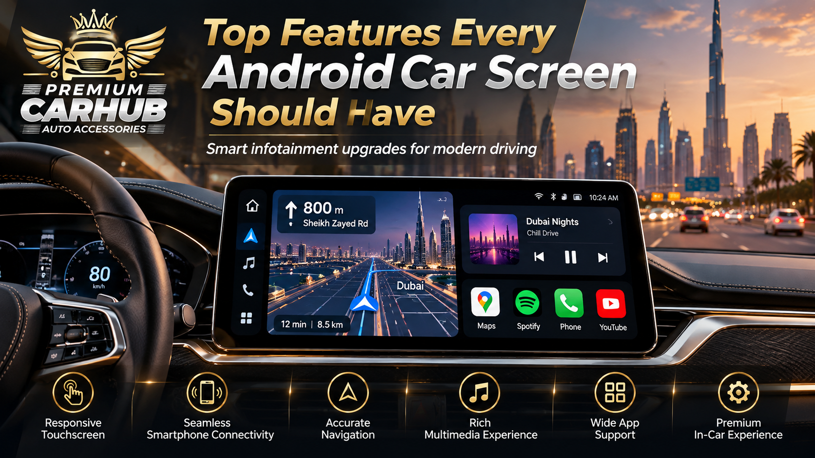 Premium Android Car Screen with navigation and wireless smartphone connectivity in Dubai